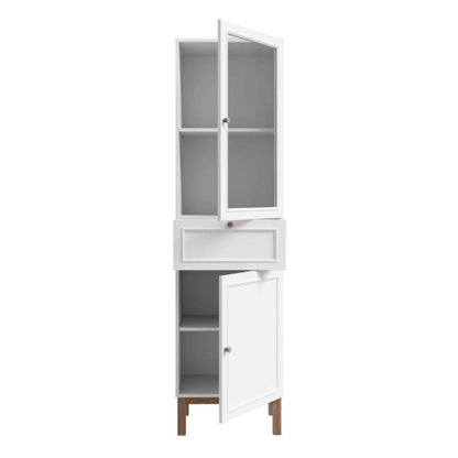 White cabinet with glass door and open door on a white background