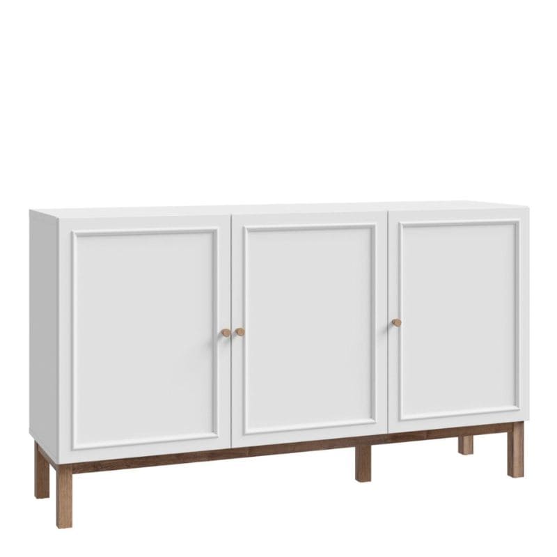 White sideboard with three doors on a white background