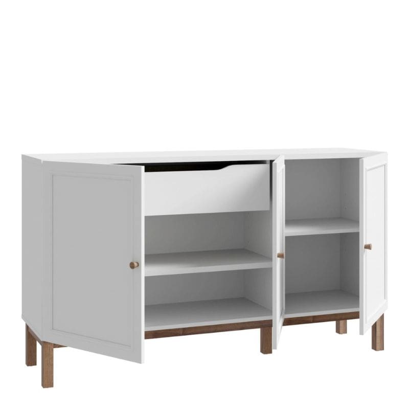 White sideboard with three doors on a white background