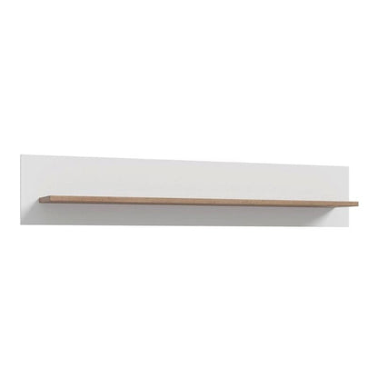White wall-mounted shelf with a wooden shelf on a white background