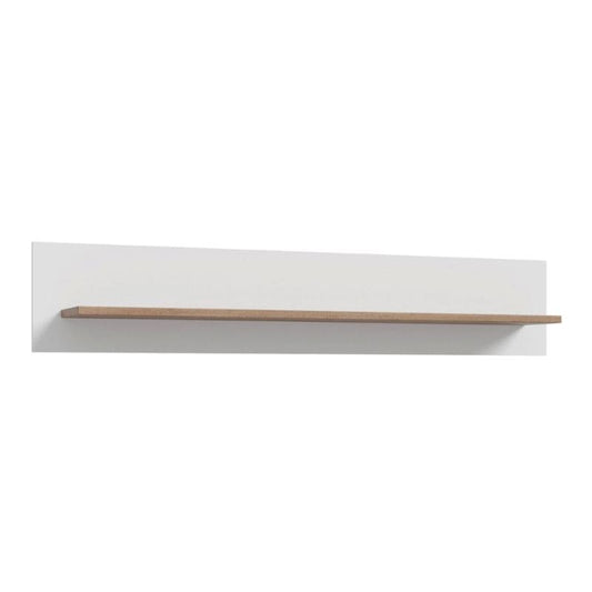 White wall-mounted shelf with a wooden shelf on a white background