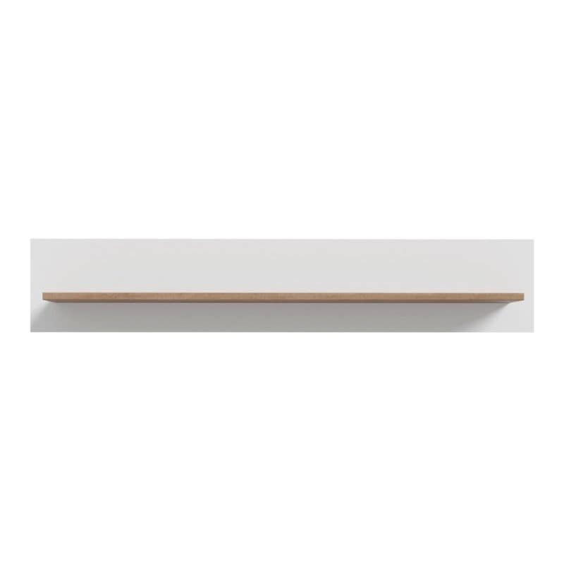 White wall-mounted shelf with a wooden shelf on a white background