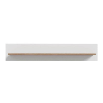 White wall-mounted shelf with a wooden shelf on a white background