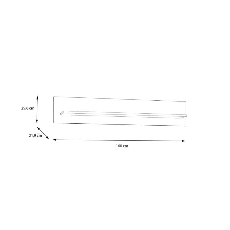 Measurement chart of a wall shelf object with dimensions labeled