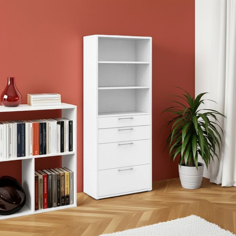 White bookshelf with drawers and a plant against a red wall