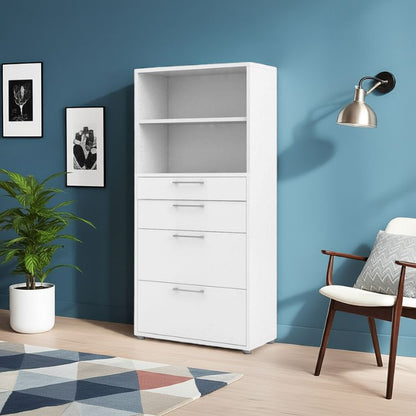 White tall bookcase with drawers against a blue wall with a chair and plant in the foreground