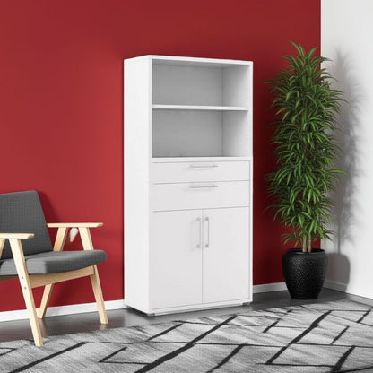 White cabinet with shelves and drawers against a red wall with a gray chair and plant.