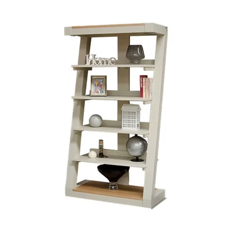 White and wood bookshelf with decorative items.
