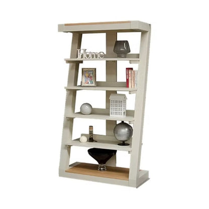 White and wood bookshelf with decorative items.
