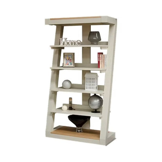 White and wood bookshelf with decorative items.