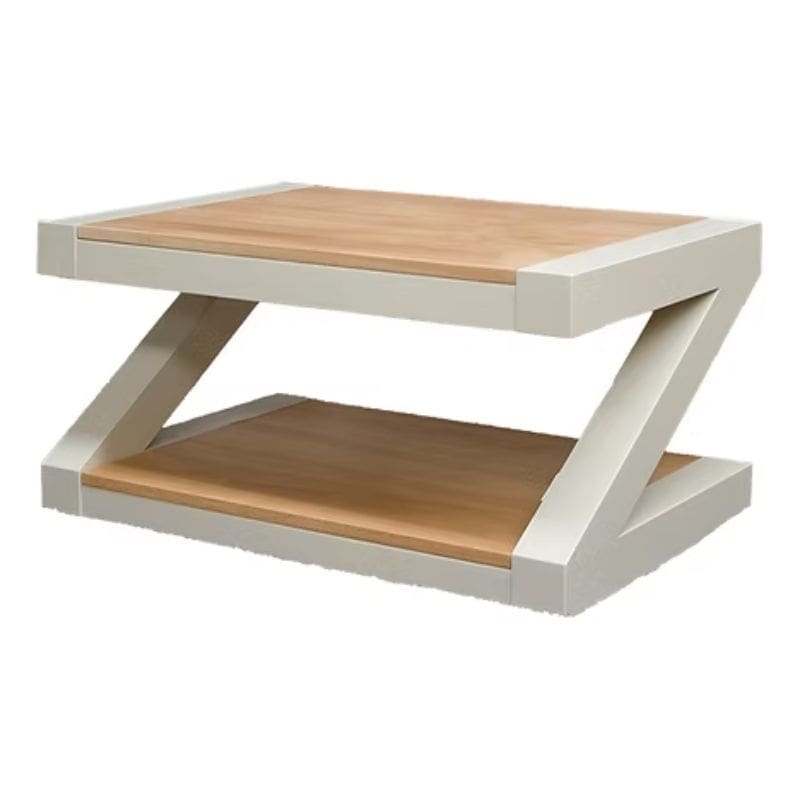Modern coffee table with wooden top and white base.