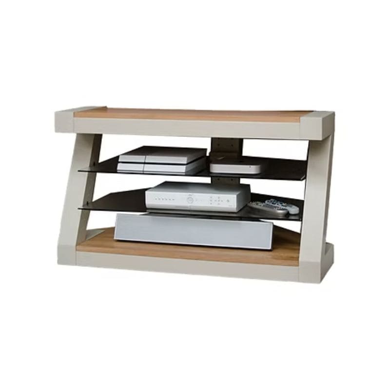 Modern TV stand with wooden shelves.