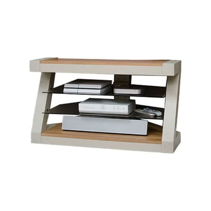 Modern TV stand with wooden shelves.