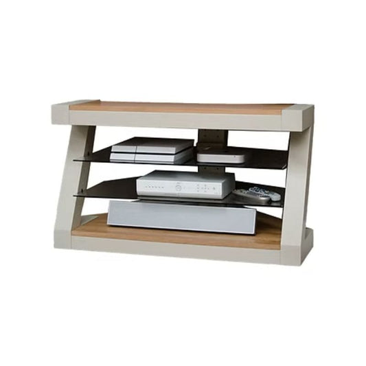 Modern TV stand with wooden shelves.