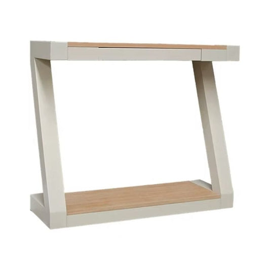 Console table with white base and wooden top on a white background