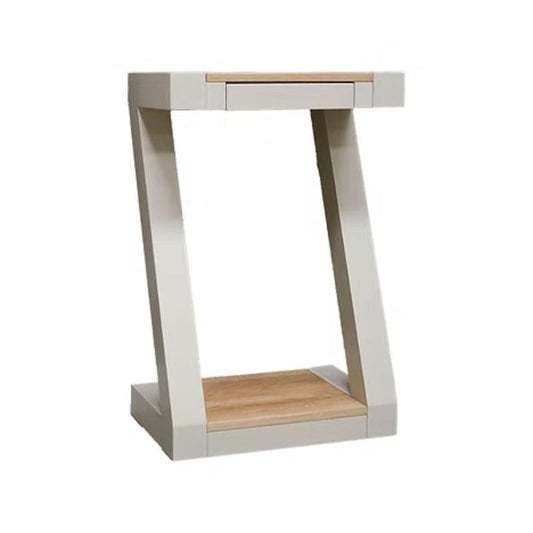 Modern hall table with white and wood finish.