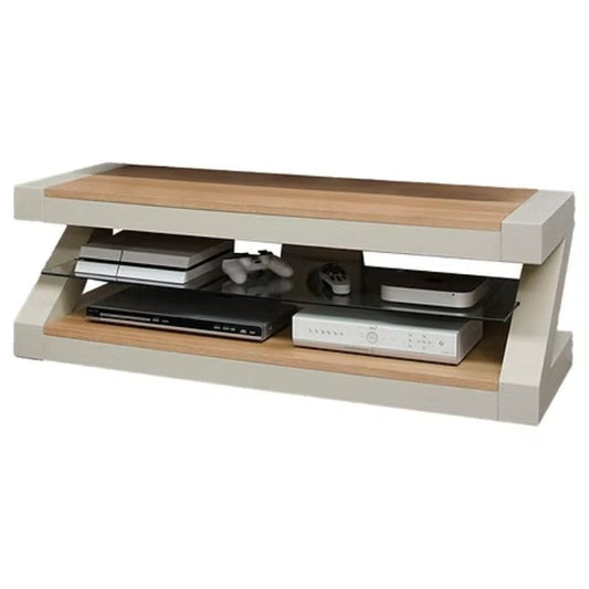 Wooden TV stand with electronic devices.