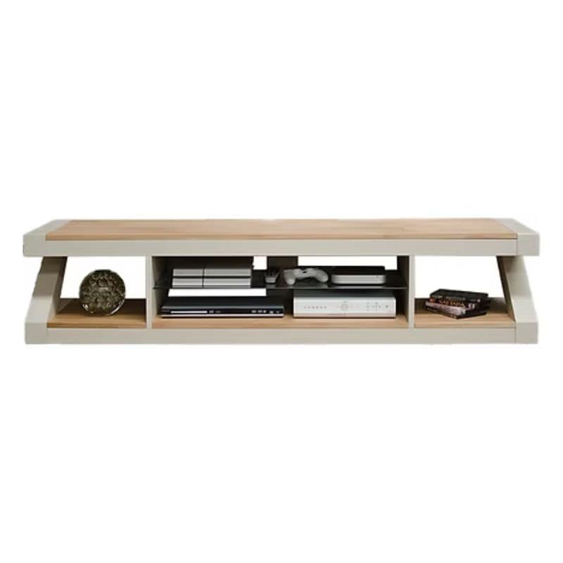 Wooden TV stand with open shelves.