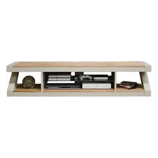 Wooden TV stand with open shelves.