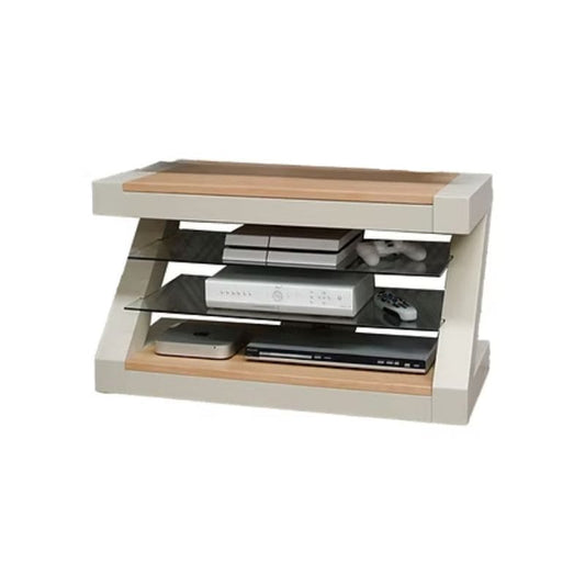 Modern entertainment console with wooden top and shelves.