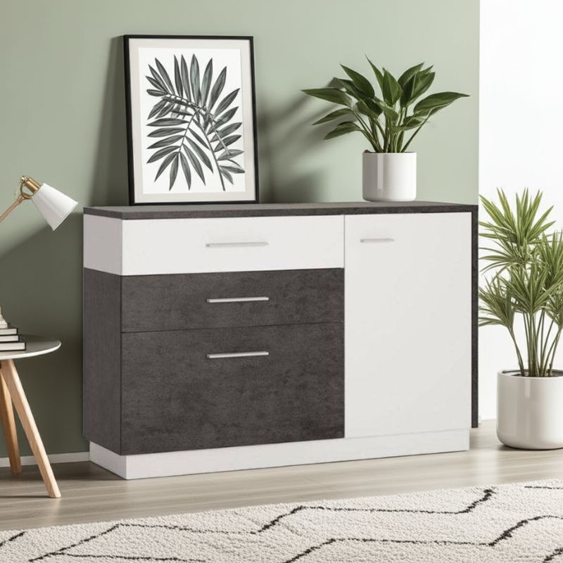 Modern dresser with two drawers in a room with plants and decor.