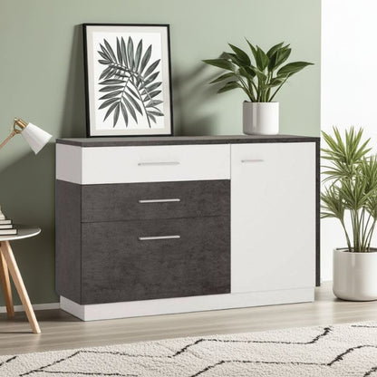 Modern dresser with two drawers in a room with plants and decor.