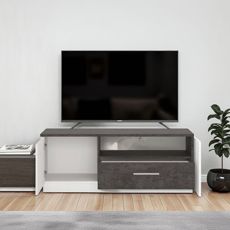 Modern TV stand with a television on a white wall background