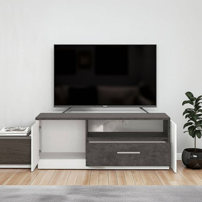 Modern TV stand with a television on a white wall background