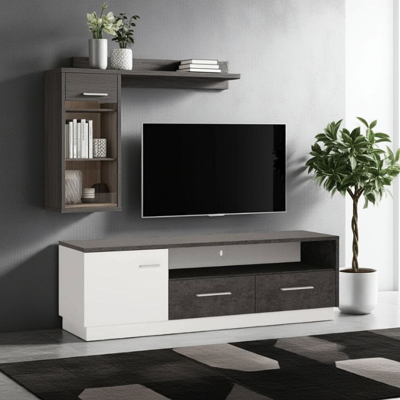Modern living room setup with a TV on a stand, shelves, and decorative plants.