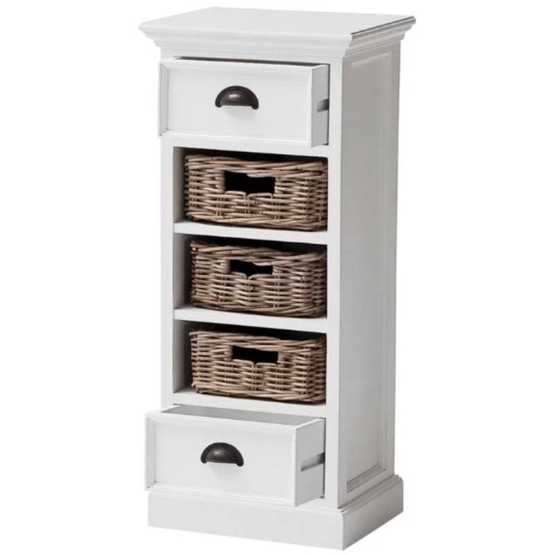Halifax White Painted Narrow Tallboy Chest of Drawers with Rattan Baskets - White Tree Furniture