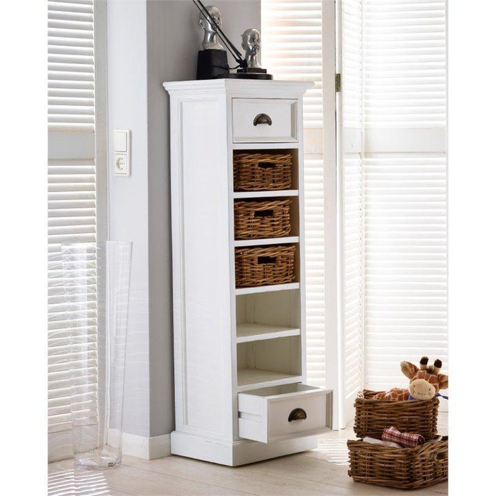 Halifax White Painted Tall Narrow Storage with 5 Rattan Baskets CA583 - White Tree Furniture
